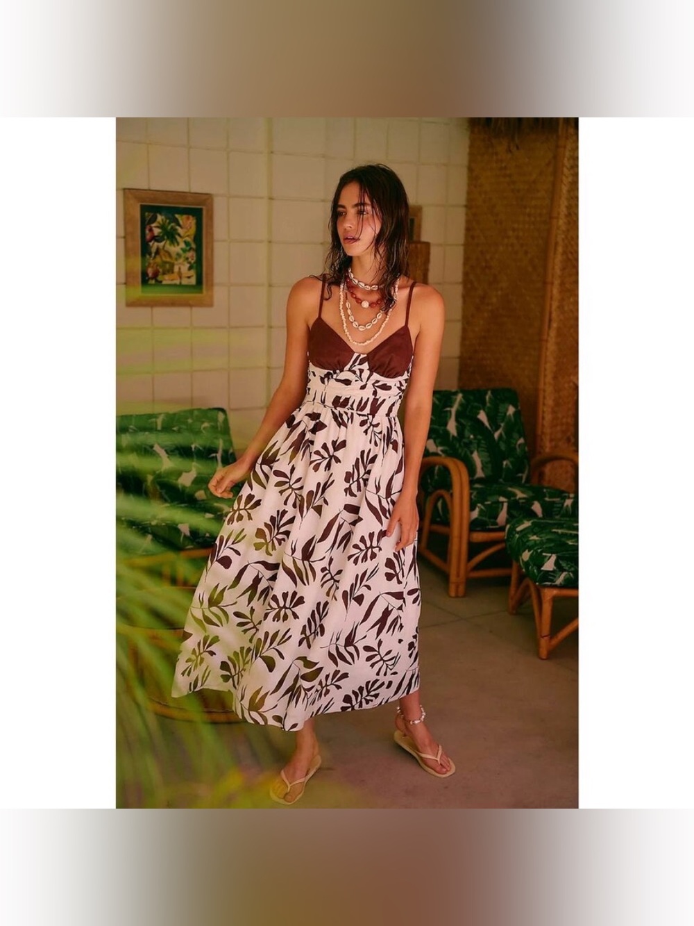 Free People Mon Renn Scala Parker Dress XS Brown Foliage‎ Linen Sundress Midi